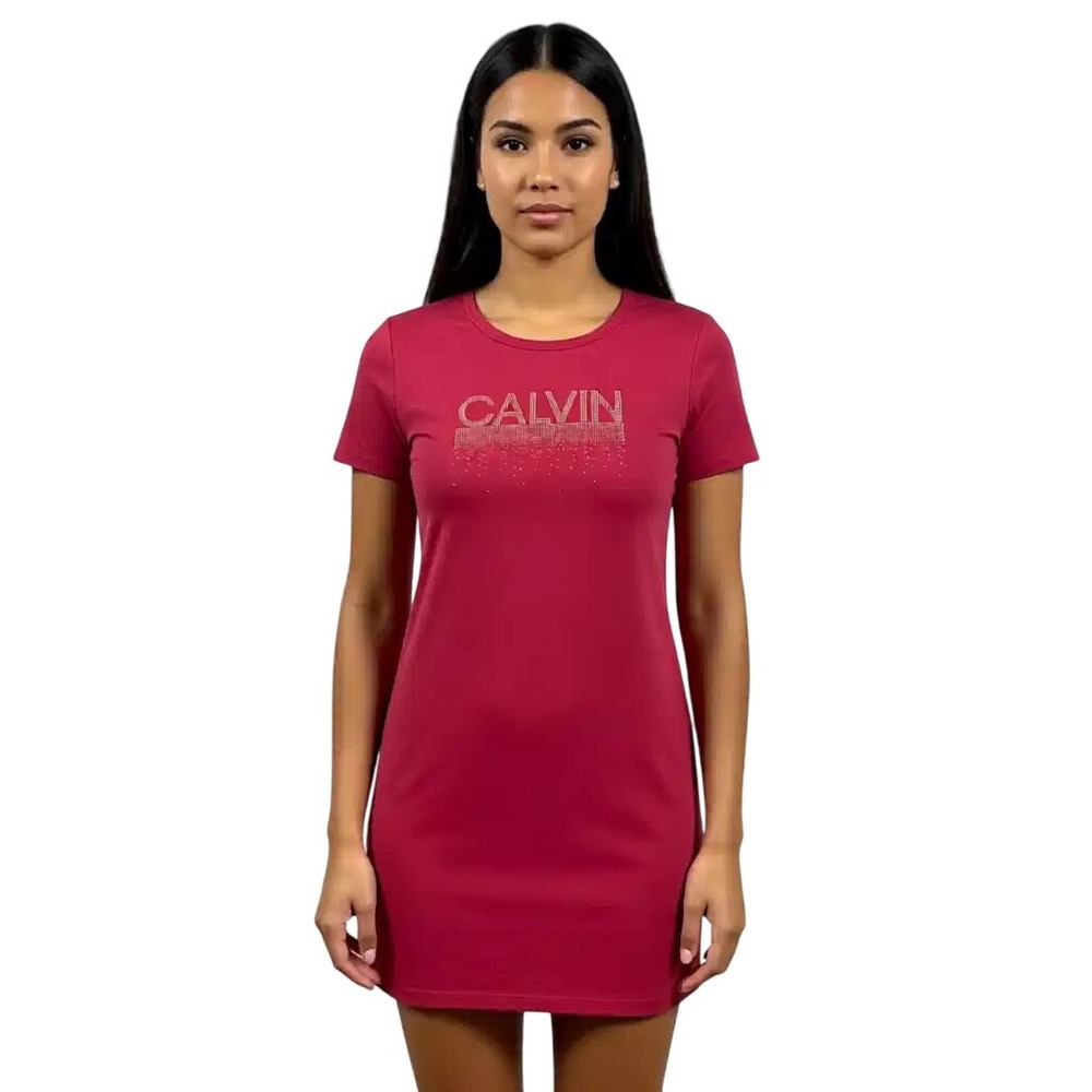 Calvin Klein Womens Pink Rhinestone‎ Logo T-Shirt Dress CDBA2836 M NEW